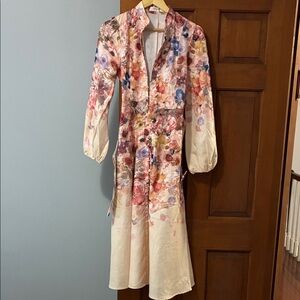 Commense Floral Long Sleeve Midi Dress in Cream Multi
